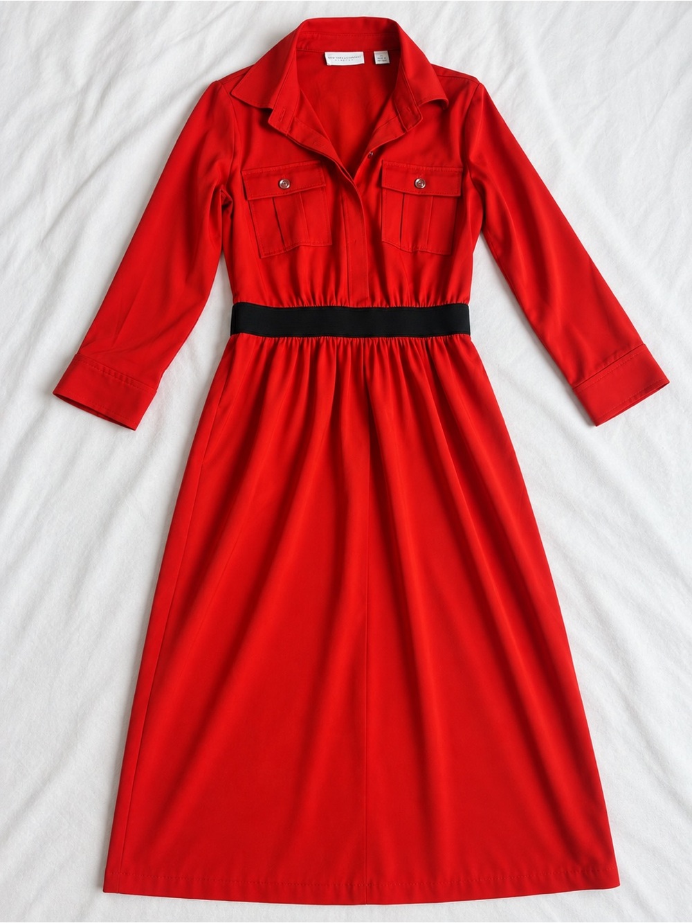 New York & Company Red Long-Sleeve Shirtwaist Dress with Black Waistband